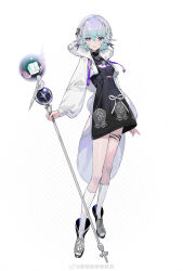 Rule 34 | 1girl, absurdres, aqua eyes, bird, black dress, cleavage cutout, clothing cutout, copyright request, dress, emblem, flower ornament, full body, gradient hair, grey eyes, grey hair, hair ribbon, han jiu (456116642), heterochromia, high collar, highres, jacket, kneehighs, multicolored hair, open clothes, open jacket, parted lips, popped collar, purple eyes, ribbon, short hair, slit pupils, smile, socks, solo, staff, toeless footwear, watermark, weibo watermark