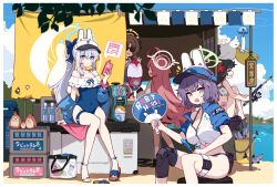 5girls animal_ears aqua_eyes bag bandaid bikini bird black_hair black_skirt blue_archive blue_halo blue_one-piece_swimsuit blue_sky box breasts brown_hair bucket casual_one-piece_swimsuit closed_eyes cloud cloudy_sky commentary cooler covered_navel english_commentary fake_animal_ears fingerless_gloves fish fishing fishing_rod flower food frilled_one-piece_swimsuit frills full_body gloves green_halo grey_halo hair_flower hair_ornament halo hand_fan hat highres holding holding_fishing_rod holding_phone hoshino_(blue_archive) ideolo jacket jacket_partially_removed knee_pads large_breasts long_hair miyako_(blue_archive) miyako_(swimsuit)_(blue_archive) miyu_(blue_archive) miyu_(swimsuit)_(blue_archive) moe_(blue_archive) moe_(swimsuit)_(blue_archive) multiple_girls official_alternate_costume one-piece_swimsuit open_mouth pelican phone pink_hair pink_halo ponytail purple_eyes purple_hair rabbit_ears recycle_bin saki_(blue_archive) saki_(swimsuit)_(blue_archive) sand sandals shaved_ice sitting skirt sky smile sunglasses swimsuit thigh_strap very_long_hair water white_hair yellow_halo