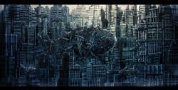 building city cityscape fish floating flying_fish gradius konami letterboxed mecha no_humans original robot robot_animal robot_fish scenery science_fiction skyscraper sonidoriy surreal