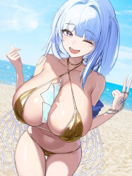 1girl absurdres alternate_costume arcana_(nikke) bare_shoulders beach between_breasts bikini blue_hair blue_sky breasts bubble card card_between_breasts cleavage commentary criss-cross_halter finger_heart gluteal_fold goddess_of_victory:_nikke gold_bikini halterneck highres huge_breasts jewelry long_hair looking_to_the_side nail_polish navel object_on_breast ocean one_eye_closed one_side_up open_mouth outdoors paper puka_(oni) purple_eyes ring shawl skindentation sky smile solo stomach string_bikini swimsuit thigh_gap thighs v wet white_hair