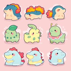 animal_focus bayleef black_eyes blush chibi chikorita closed_eyes closed_mouth commentary creatures_(company) croconaw cyndaquil english_commentary evolutionary_line fang feraligatr full_body game_freak gen_2_pokemon highres meganium munespice nintendo no_humans one_eye_closed pink_background pokemon pokemon_(creature) quilava simple_background smile totodile typhlosion