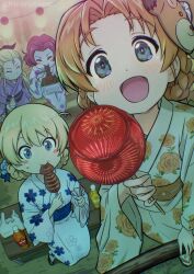 Rule 34 | 4girls, alternate costume, assam (girls und panzer), bag, blonde hair, blue eyes, blush, boko (girls und panzer), bottle, braid, candy apple, chopsticks, closed eyes, darjeeling (girls und panzer), eating, ehirorotoon, floral print, food, girls und panzer, happy, highres, holding, holding food, japanese clothes, kimono, long hair, looking at viewer, mask, multiple girls, night, open mouth, orange hair, orange pekoe (girls und panzer), outdoors, red hair, rosehip (girls und panzer), sandals, short hair, sitting, standing, sweat, twin braids, twitter username, yukata