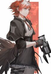 Rule 34 | 1girl, absurdres, arknights, bird tail, black gloves, black jacket, black skirt, breasts, casing ejection, collared shirt, cowboy shot, dress shirt, expressionless, feather hair, fiammetta (arknights), frilled skirt, frills, from side, g xio111, gloves, gun, hair between eyes, handgun, high-waist skirt, highres, holding, holding gun, holding weapon, jacket, looking ahead, medium breasts, miniskirt, necktie, number-only commentary, open clothes, open jacket, radio, red eyes, red hair, red necktie, shell casing, shirt, short hair, short necktie, skirt, solo, tail, thigh strap, three-quarter sleeves, weapon, white background, white shirt