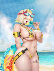 1girl absurdres ahoge aircraft airplane animal arm_behind_back arm_strap artist_name beach bikini bird black_choker blue_sky breasts choker closed_mouth cloud cloudy_sky covered_erect_nipples elegg_(boom_and_shock)_(nikke) elegg_(nikke) eyebrows_hidden_by_hair eyes_visible_through_hair fang food goddess_of_victory:_nikke goggles goggles_on_head highleg highleg_panties highres holding holding_food holding_ice_cream holding_swim_ring ice_cream innertube large_breasts melting_ice_cream micro_bikini mint_chocolate navel ocean official_alternate_costume panties pink_eyes sand seagull short_hair signature skin_fang sky smile solo sticker sticker_on_leg swim_ring swimsuit tongue tongue_out underwear yellow_bikini zxcs011
