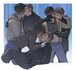 Rule 34 | 2boys, bandaged hand, bandages, bara, belt, black coat, black gloves, black hair, black pants, black shirt, blonde hair, blue pants, blush, brown belt, brown jacket, chris redfield, closed eyes, clothes lift, coat, ethan winters, facial hair, gloves, groping, hand under clothes, highres, jacket, kalamari, kiss, large pectorals, looking at another, male focus, multiple boys, muscular, muscular male, navel, one eye closed, open clothes, open coat, open jacket, pants, pectorals, resident evil, shirt, shirt lift, short hair, smile, yaoi