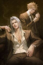Rule 34 | 2boys, alternate costume, blonde hair, cigarette, cloud strife, earrings, final fantasy, final fantasy vii, formal clothes, grey hair, highres, holding, holding cigarette, holding lighter, jewelry, jiyub, lighter, lighting cigarette, long hair, long sleeves, male focus, mouth hold, multiple boys, pants, sephiroth, short hair, single earring, sitting, smoke, smoke trail, smoking, spiked hair, suit, watermark, watermark grid