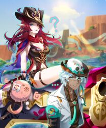1boy 1girl ? absurdres asymmetrical_legwear bare_shoulders blue_eyes cacucu chasca_(genshin_impact) day earrings elf gaemdongran genshin_impact gloves gun hat highres ifa_(genshin_impact) jacket jewelry long_hair mountain mountainous_horizon navel open_clothes open_jacket outdoors pointy_ears red_hair sunlight weapon white_jacket