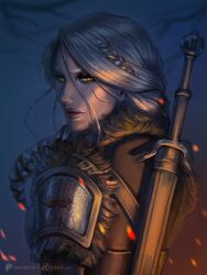 1girl armor artist_name arysaeart braid braided_ponytail ciri embers facial_scar green_eyes highres long_hair looking_at_viewer patreon_logo pauldrons scar scar_on_cheek scar_on_face shoulder_armor solo sword the_witcher_(series) the_witcher_4 upper_body watermark weapon weapon_on_back web_address white_hair