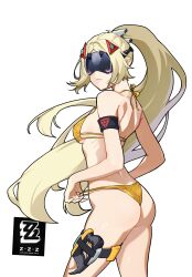 1girl absurdres ass bare_shoulders bikini black_blindfold blindfold blonde_hair breasts cowboy_shot eye_mask hair_ornament highres long_hair looking_back ponytail small_breasts string_bikini swimsuit triangle_hair_ornament trigger_(zenless_zone_zero) user_xktd5287 yellow_bikini zenless_zone_zero