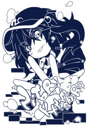 1girl blue_eyes blue_hair blue_theme bubble character_name female_focus hair_bobbles hair_ornament hat kawashiro_nitori key matching_hair/eyes monochrome ryuu_(multitask) short_hair smile solo tongue tongue_out touhou twintails two_side_up