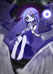 1girl angel barefoot blue_dress blue_eyes blue_hair blue_theme dotaku_(wran8845) dress closed_eyes feathers film_grain highly_responsive_to_prayers holding holding_staff knees_up long_hair looking_at_viewer magic_circle multiple_wings sariel_(touhou) short_sleeves signature solo staff t_t touhou touhou_(pc-98) very_long_hair wings yume_kawaii