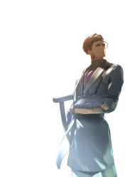 Rule 34 | 1boy, belt, black sweater, brown eyes, brown hair, closed mouth, coat, earrings, highres, holding, jewelry, jojo no kimyou na bouken, long sleeves, male focus, pants, simple background, solo, stardust crusaders, sweater, terence t. d&#039;arby, turtleneck, turtleneck sweater, white background, white coat, white pants, zouhyou (at4190)