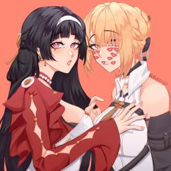 Rule 34 | 2girls, absurdres, astra yao, black hair, blonde hair, breasts, chest harness, collared shirt, commentary, dress, english commentary, evelyn chevalier, hair bun, hairband, harness, highres, ikkuccino, jacket, jewelry, lipstick mark, lipstick mark on face, mole, mole under eye, multiple girls, necklace, necktie, orange background, pearl necklace, purple eyes, red eyes, red jacket, red lips, shirt, signature, simple background, white dress, white hairband, white shirt, yellow necktie, yuri, zenless zone zero