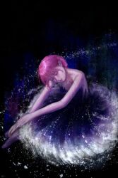 1girl absurdres ballerina ballet_slippers bare_arms bare_shoulders bead_armlet black_background blue_dress circle_skirt closed_eyes closed_mouth dress feather-trimmed_dress full_body hair_bun head_tilt highres leaning_forward light_blush lipstick makeup nikki_(nikki) nikki_(series) pink_hair pink_lips purple_shoes sea0 shining_nikki shoes short_dress short_hair single_hair_bun sitting solo strapless strapless_dress updo