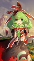 1girl absurdres arm_ribbon bow dress frilled_bow frilled_ribbon frills front_ponytail green_eyes green_hair hair_bow hair_ribbon hako_(misheyes) highres hill kagiyama_hina looking_up open_mouth outdoors red_bow red_dress red_ribbon ribbon solo touhou