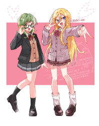 2girls anno_voc black_jacket black_shoes black_socks blazer blonde_hair blue_eyes bow brown_cardigan brown_shoes brown_skirt cardigan checkered_clothes checkered_skirt collared_shirt double_v full_body glasses green_eyes green_hair grey_cardigan grey_skirt gumi gyaru gyaru_v hair_between_eyes heart_cheeks highres jacket kogal lily_(vocaloid) loafers long_hair looking_at_viewer loose_socks multiple_girls open_mouth pleated_skirt red_bow school_uniform semi-rimless_eyewear shirt shoes short_hair skirt smile socks standing standing_on_one_leg v very_long_hair vocaloid white_socks