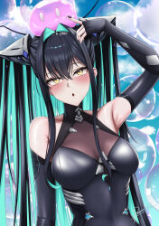 1girl absurdres arm_up armpits black_bodysuit black_gloves black_hair black_nails blue_sky bodysuit breasts bubble cleavage cloud colored_inner_hair commentary commission elbow_gloves english_commentary gloves goddess_of_victory:_nikke green_hair hair_intakes highres large_breasts little_mermaid_(nikke) multicolored_hair ramiki_(ramesgoag) see-through_cleavage see-through_clothes sky solo twintails two-tone_hair upper_body yellow_eyes