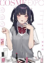 1girl black_hair english_text fingernails grey_vest hamunezuko_(nezukonezu32) highres looking_at_viewer neck_ribbon open_mouth original pink_eyes pink_nails red_ribbon ribbon shirt smile solo teeth upper_body upper_teeth_only vest white_shirt
