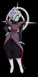 1boy black_bodysuit black_pants bodysuit bonot boots colored_skin dragon_ball dragon_ball_super earrings fused_zamasu green_skin grey_eyes halo hand_on_own_hip jewelry long_sleeves looking_at_viewer one_eye_closed pants pointy_ears potara_earrings red_sash sash smile solo spiked_hair white_footwear white_hair wink