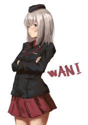 Rule 34 | 10s, 1girl, bad id, bad pixiv id, black hat, black jacket, blue eyes, blush, cowboy shot, dress shirt, female focus, frown, garrison cap, girls und panzer, hat, highres, itsumi erika, jacket, kuromorimine military uniform, long hair, long sleeves, looking at viewer, military, military hat, military uniform, miniskirt, pleated skirt, red shirt, red skirt, romaji text, senaya eru, shirt, silver hair, simple background, skirt, solo, standing, translated, white background
