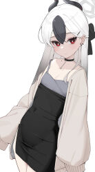 1girl absurdres black_choker black_dress black_hair blue_archive breasts bright_pupils brown_jacket choker cleavage closed_mouth covered_navel cowboy_shot demon_horns dress grey_halo halo highres horns iom_kd37150 jacket kayoko_(blue_archive) kayoko_(dress)_(blue_archive) long_hair looking_at_viewer multicolored_hair official_alternate_costume official_alternate_hairstyle open_clothes open_jacket red_eyes single_bare_shoulder small_breasts solo white_background white_hair white_pupils