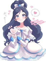 Rule 34 | 1girl, belt, black hair, blue belt, blue brooch, blue eyes, blush, bow, bowtie, brooch, collarbone, commentary request, cowboy shot, cure white, dot nose, dress, earrings, eyelashes, fingernails, frilled arm warmers, frilled sleeves, frills, futari wa precure, futari wa precure max heart, gold earrings, guri (ak1002s), hair bow, hair ornament, happy, heart, heart brooch, heart earrings, heart hair ornament, heart o-ring, high ponytail, highres, holding, holding heart, jewelry, lace, lace-trimmed dress, lace trim, lips, long hair, magical girl, notice lines, o-ring, o-ring belt, open mouth, ponytail, precure, short dress, short ponytail, short sleeves, simple background, smile, solo, split ponytail, spoken heart, standing, tareme, teeth, translation request, white arm warmers, white background, white bow, white bowtie, white dress, yukishiro honoka