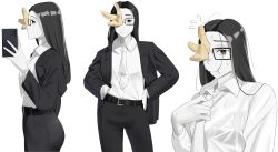 1girl absurdres aweeeeh852 black_hair collared_shirt colored_skin commentary coral coral_glasses_(joel_g) ena_(series) english_commentary from_side glasses highres holding holding_phone long_hair multiple_views necktie office_lady phone rectangular_eyewear shirt simple_background solo sweat white_background white_necktie white_skin