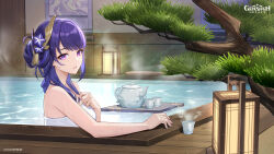 1girl bathing blunt_bangs breasts genshin_impact hair_bun hair_ornament highres long_hair looking_at_viewer mole mole_under_eye naked_towel official_alternate_hairstyle official_art onsen open_mouth partially_submerged purple_eyes purple_hair raiden_shogun towel upper_body wet wet_hair