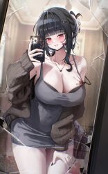 1girl absurdres black_bra black_hair blood blood_on_breasts blood_on_face blush bra breast_tattoo breasts broken_mirror cellphone collarbone covered_navel cowboy_shot d_(killer_wife)_(nikke) d_(nikke) dongtan_dress dress goddess_of_victory:_nikke grey_dress heart heart_necklace highres holding holding_phone indoors jewelry large_breasts long_sleeves mask meme_attire mirror mouth_mask necklace parted_lips pencil_dress phone red_eyes reflection selfie smartphone smile solo tattoo thighs underwear yam_s2