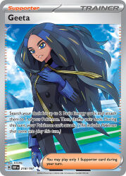 1girl artist_name black_hair black_pants black_suit blue_eyes blue_gloves blue_sky card_(medium) character_name cloud company_name copyright_name copyright_notice dark-skinned_female dark_skin day english_text eyelashes formal_clothes geeta_(pokemon) gloves hand_on_own_chest kirisaki_(gin16k) long_hair long_sleeves neck_ribbon nintendo official_art outdoors pants pokemon pokemon_card pokemon_sv pokemon_tcg ribbon sky smile solo standing suit third-party_source trading_card yellow_ribbon