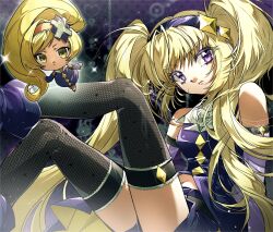 2girls absurdly_long_hair bare_legs bare_shoulders belt belt_buckle black_belt black_thighhighs blonde_hair boots buckle center_frills chibi closed_mouth clothing_cutout coattails collared_dress dark-skinned_female dark_jeanne_(granblue_fantasy) dark_skin dia_(shugo_chara!) diamond_(shape) diamond_hair_ornament dress elbow_gloves empty_eyes expressionless eyelashes eyes_visible_through_hair feet_out_of_frame fishnet_thighhighs fishnets floating frilled_thigh_strap frills gloves guardian_chara hair_ornament hair_over_shoulder hairband head_tilt heart high-waist_shorts high_ponytail highres hoshina_utau lace lace-trimmed_gloves lace-trimmed_hairband lace_trim lapels layered_shirt light_frown light_particles long_hair magical_girl min_(bibbibtobib) multiple_girls navel notched_lapels orange_hairband outline polka_dot polka_dot_background ponytail purple_background purple_boots purple_dress purple_eyes purple_gloves purple_hairband purple_shirt purple_shoes purple_shorts shirt shoes short_shorts shorts shugo_chara! sleeveless sleeveless_dress sleeveless_shirt sparkle stomach_cutout swept_bangs thigh_strap thighhighs twintails very_long_hair white_outline white_shirt x_hair_ornament yellow_eyes