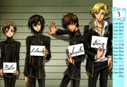 00s 4boys calendar code_geass color_halftone gino_weinberg kururugi_suzaku lelouch_vi_britannia male_focus mugshot multiple_boys rolo_lamperouge school_uniform