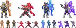 4boys armor bodysuit full_body hideomi hidewomi kamen_rider kamen_rider_den-o kamen_rider_den-o_(series) kintaros kintarosu male_focus momotaros momotarosu multiple_boys pixel_art ryutaros ryutarosu simple_background skin_tight spread_legs urataros uratarosu white_background