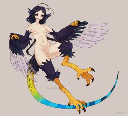 absurdres animal_ears antenna_hair artist_name bird_ears bird_legs black_feathers black_hair black_sclera breasts claws colored_sclera commentary commission english_commentary feathered_wings feathers fusion harpy highres insect_wings lizard_tail monster_girl navel nipples nude open_mouth original purple_eyes pussy simple_background small_breasts tail talons teeth unreal_fish upper_teeth_only winged_arms wings