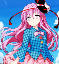 1girl blue_sky bow bowtie breasts buttons closed_mouth cloud collared_shirt commentary_request dated day fox_mask hata_no_kokoro long_hair long_sleeves looking_at_viewer mask mask_on_head mist9801km pink_bow pink_bowtie pink_eyes pink_hair pink_skirt plaid_clothes plaid_shirt shirt skirt sky solo star_(symbol) touhou very_long_hair x
