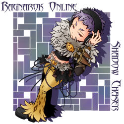 1boy animal_print black_shirt black_shoes brown_pants chain character_name closed_mouth commentary_request copyright_name dagger frown full_body fur-trimmed_pants fur_collar fur_trim hand_on_headphones headphones kamui_setsuna knife leopard_print looking_at_viewer male_focus midriff navel pants purple_hair ragnarok_online red_eyes shadow_chaser_(ragnarok_online) sheath shirt shoes short_bangs short_hair solo v-shaped_eyebrows weapon