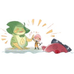 Rule 34 | 1girl, @ @, ^ ^, androgynous, animal, artist request, black bow, black shoes, blue gloves, bow, chibi, clapping, closed eyes, croaker (infinity nikki), fish, frog, fully charged (infinity nikki), game cg, gloves, goggles, happy, holding, holding wrench, infinity nikki, jumpsuit, lily pad, long sleeves, medium hair, monroefin, nikki (nikki), nikki (series), notice lines, official art, open mouth, orange-tinted eyewear, orange jumpsuit, oversized animal, pink hair, puffer fish, puffy long sleeves, puffy sleeves, red lips, shoes, smile, thick lips, tinted eyewear, transparent background, victory, water, wrench