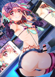 Rule 34 | 1boy, armpits, ass, bar censor, belt, body writing, bracelet, bulge, cellphone, censored, clothing cutout, collar, commentary request, condom, condom hair ornament, condom ornament, cutoffs, earrings, elbow gloves, erection, erection under clothes, ereraero, flat chest, from behind, gloves, heart, heart cutout, iphone, jewelry, male focus, multiple condoms, nipple piercing, nipple rings, nippleless clothes, nipples, original, parted lips, penis, phone, piercing, pink eyes, pink hair, profanity, puffy nipples, sex toy, short shorts, shorts, skindentation, smartphone, smile, solo, striped clothes, striped thighhighs, tattoo, thighhighs, trap, two side up, urethral beads, urethral insertion, used condom, v, veins, veiny penis, wavy mouth