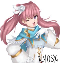 1girl absurdres blue_scarf dress fire_emblem fire_emblem:_the_blazing_blade fire_emblem_heroes flower gloves hair_flower hair_ornament highres nintendo one_eye_closed open_mouth pink_hair purple_eyes ryos scarf serra_(fire_emblem) twintails white_dress white_flower white_gloves
