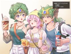 1boy 2girls alternate_costume aqua_tank_top backpack bag belt black_belt blue_eyes blue_gemstone blue_pants blue_shirt bottle bow bracelet breasts bright_pupils brown_jacket circlet cleavage collarbone commentary_request covered_navel curly_hair cynthia_(dq4) dialogue_box dragon_quest dragon_quest_iv dress dress_bow drink drinking_straw earrings elf fins food gem gold_bracelet gold_circlet gradient_background green_hair hat head_fins headpiece hero_(dq4) heroine_(dq4) highres holding holding_bottle holding_drink holding_food jacket jewelry large_breasts looking_at_another medium_hair multiple_girls necklace oboro_dqp open_mouth pants pink_hair pink_sanguini pointy_ears puffy_short_sleeves puffy_sleeves sash shirt short_sleeves shoulder_bag slime_(dragon_quest) smile tank_top translation_request twitter_username upper_body white_background white_dress white_jacket white_pants white_pupils yellow_background yellow_bow yellow_hat yellow_sash