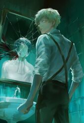 Rule 34 | 2boys, akutagawa ryuunosuke (bungou stray dogs), back, black hair, black pants, blood, blood on mirror, broken mirror, bungou stray dogs, collared shirt, faucet, from below, highres, long sleeves, looking back, male focus, mirror, multicolored hair, multiple boys, nakajima atsushi (bungou stray dogs), nikoeqo, no eyes, open mouth, pants, shirt, short hair, sink, sleeves rolled up, standing, suspenders, teeth, two-tone hair, white hair, white shirt, yellow eyes