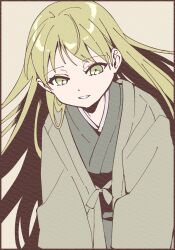 1girl absurdres black_border black_sash border green_robe grey_background hanten_(clothes) highres japanese_clothes kimono long_hair looking_at_another looking_at_viewer looking_down namori obi original paper_texture parted_lips robe sash simple_background smile solo very_long_hair