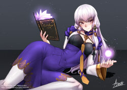 1girl adsouto book breasts dress fire_emblem fire_emblem:_three_houses grey_hair highres holding holding_book long_hair lying lysithea_von_ordelia lysithea_von_ordelia_(timeskip) magic medium_breasts nintendo on_side open_book purple_dress red_eyes signature smile solo variant_set white_sleeves
