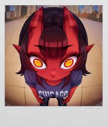 1girl black_hair blunt_bangs colored_skin demon_girl demon_horns fake_photograph from_above hair_between_horns horns long_hair meruccubus_(merunyaa) merunyaa mole mole_under_eye oni original photo_background pointy_ears polaroid_photo print_shirt red_oni red_skin shirt skin-covered_horns solo watermark web_address yellow_eyes