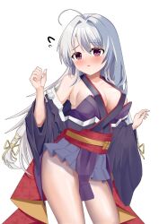 1girl absurdres ahoge ayachi_nene bare_shoulders black_kimono black_skirt blush breasts cleavage clenched_hand collarbone commentary company_connection cosplay cowboy_shot criss-cross_halter curvy embarrassed eyes_visible_through_hair flying_sweatdrops grey_hair hair_between_eyes hair_intakes hair_ribbon halterneck hands_up highres huge_ahoge japanese_clothes kimono large_breasts long_hair long_sleeves looking_at_viewer mamiya_yuki miniskirt murasame_(senren) murasame_(senren)_(cosplay) no_bra obi open_mouth pleated_skirt pom_pom_(clothes) purple_eyes red_sash ribbon sanoba_witch sash senren_banka sidelocks simple_background skirt solo thighs very_long_hair w_arms white_background wide_sleeves yellow_ribbon yuzu-soft