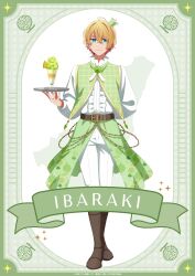 1boy absurdres belt blonde_hair blue_eyes boots brown_belt brown_boots closed_mouth crown food fruit glass green_jacket hair_between_eyes highres hirayama_kanna holding holding_plate hoshino_aquamarine jacket long_sleeves melon official_art oshi_no_ko pants plate shirt short_hair smile star-shaped_pupils star_(symbol) symbol-shaped_pupils white_pants white_shirt