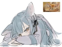 1girl animal_ears bang_dream! bang_dream!_it&#039;s_mygo!!!!! black_ribbon blue_hair chinese_commentary colored_eyelashes commentary_request cropped_torso crossed_arms fennec_fox fox_ears fox_girl grey_jacket hair_ribbon haneoka_school_uniform jacket kemonomimi_mode long_hair looking_at_viewer photo_inset reference_inset ribbon school_uniform simple_background single_ear_down sketch togawa_sakiko white_background yellow_eyes yukikuma_(yukikuma_018)