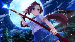 1girl blue_sky collared_shirt cowboy_shot curtained_hair dutch_angle falling_leaves floating_hair from_below full_moon game_cg hair_ribbon highres higurashi_no_naku_koro_ni higurashi_no_naku_koro_ni_mei holding holding_polearm holding_weapon leaf long_hair looking_at_viewer miniskirt moon naginata neck_ribbon night non-web_source official_art pink_ribbon polearm ponytail purple_eyes purple_hair red_ribbon ribbon saionji_miyabi school_uniform shirt short_sleeves shrine skirt sky solo standing tree v-shaped_eyebrows very_long_hair weapon white_shirt wind