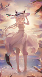 1girl absurdres alternate_costume animal_ear_fluff animal_ears barefoot blush breasts cleavage closed_eyes closed_mouth collarbone dress feet fox_ears fox_girl fox_tail full_body hair_between_eyes hat highres hololive iputpixels long_hair pentagram shirakami_fubuki sleeveless sleeveless_dress smile solo standing sun_hat sunset tail toes very_long_hair virtual_youtuber white_dress white_hat