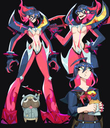 absurdres ahoge alternate_costume angry artist_name black_background black_hair blue_eyes bracelet breasts burger caranvolo claws colored_inner_hair covered_erect_nipples covered_navel dog eating food gloves guts_(kill_la_kill) hair_flowing_over highres holding holding_burger holding_food hood hood_up hoodie jewelry keyblade kill_la_kill living_clothes long_eyelashes looking_at_viewer matoi_ryuuko medium_breasts medium_hair multicolored_hair multiple_views over_shoulder pants pug red_hair red_shoes redesign revealing_clothes school_uniform scissor_blade_(kill_la_kill) serafuku shoes skirt smile spiked_bracelet spikes spiky suspenders thick_eyebrows thick_eyelashes two-tone_bodysuit two-tone_gloves two-tone_hair underboob v-shaped_eyebrows weapon weapon_over_shoulder